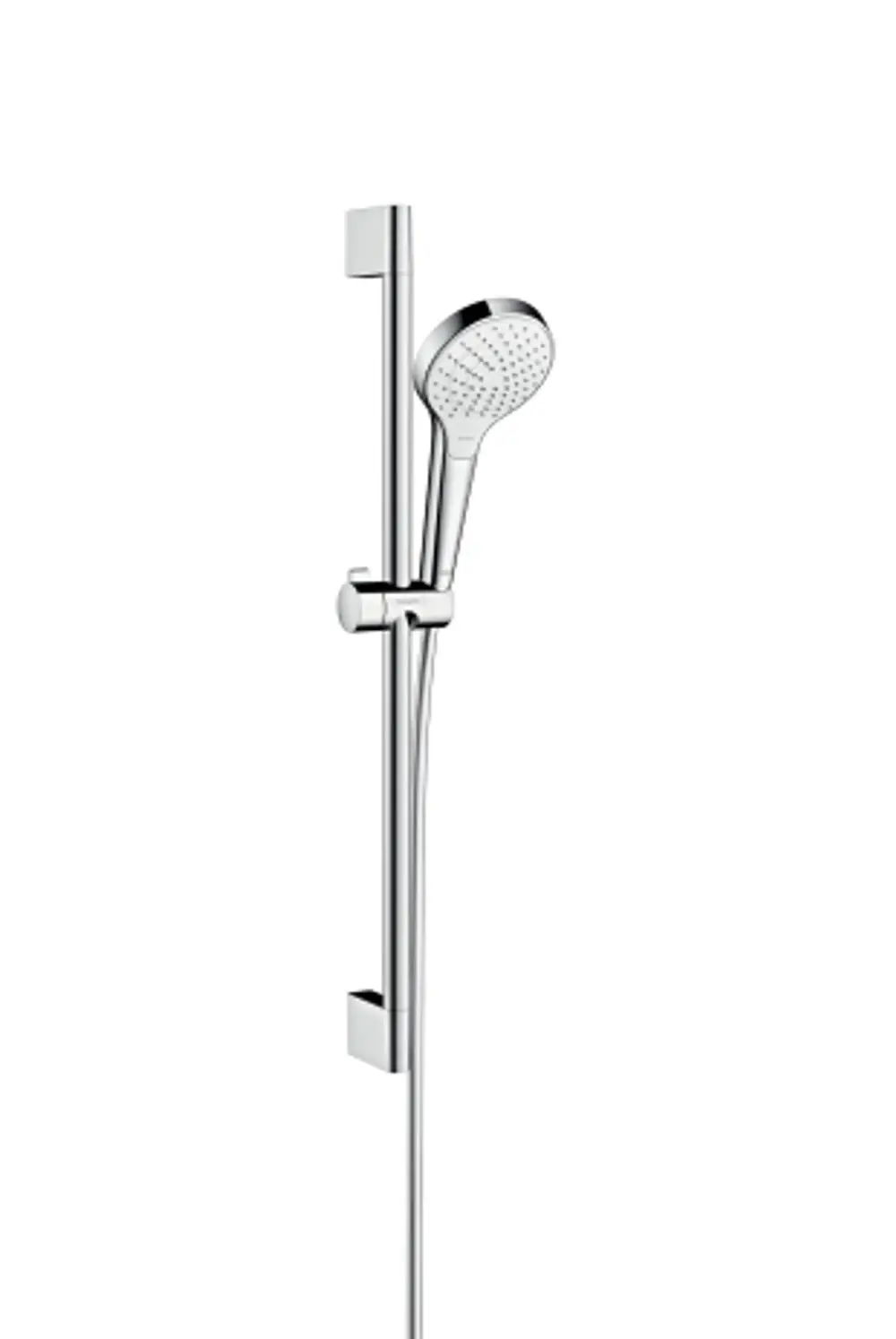 Hansgrohe Duschset mit verchromter Brausestange und Handbrause. Die Stange ermöglicht eine Höhenverstellung der Brause. Minimalistisches, funktionales Design.